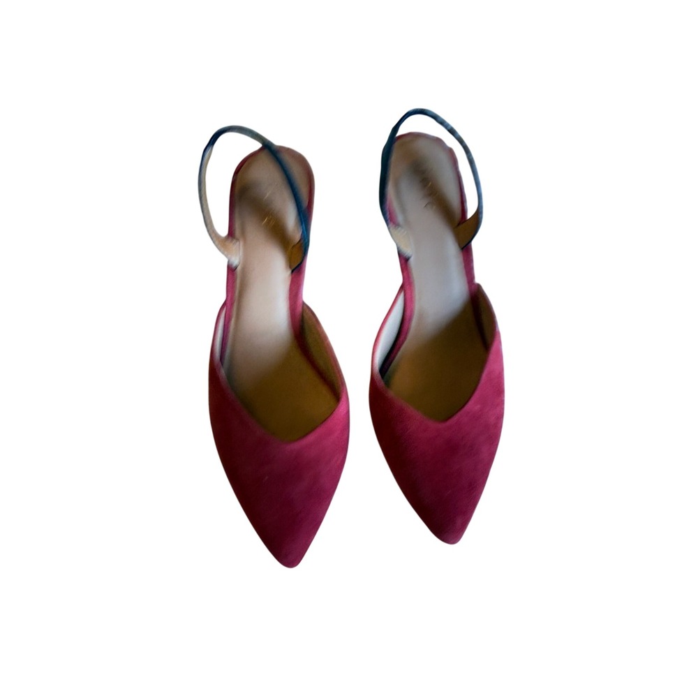 Joie Red Suede‎ Slingback Heels Pointed Toe Black Leather Strap Kitten Pump 37.5